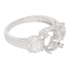 Sterling Silver Semi Mount Ring Setting with three stone design, features oval and round bezel mounts for customizable gemstones.