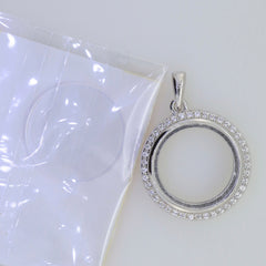 Sterling silver semi mount pendant setting with white topaz halo and sapphire glass cover for birthstones.