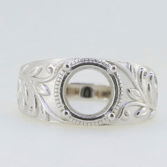 Custom Sterling Silver Semi Mount Ring Setting with Art Nouveau design, suitable for 8.2mm round gemstone.