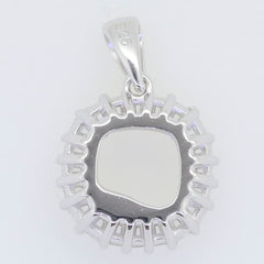 Sterling Silver Semi Mount Pendant Setting with cushion shape and baguette halo for custom gemstone placement.