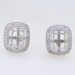 Sterling Silver semi mount earrings setting with white topaz halo design, cushion cut 12x10mm stud earrings.