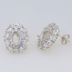 Sterling silver semi mount earrings setting with oval cut and double halo, featuring white topaz gemstones.