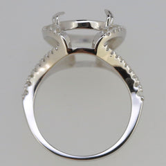 Sterling Silver Semi Mount Ring Setting with oval halo design for 16x12mm gemstone, featuring white topaz accents.