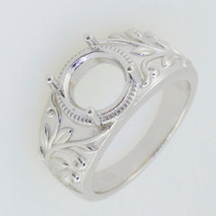 Sterling silver semi mount ring setting with art nouveau design, featuring a round 9x9mm gemstone holder.