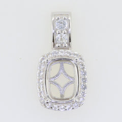 Sterling silver semi mount pendant setting with cushion halo and white topaz, customizable size for personalized jewelry.