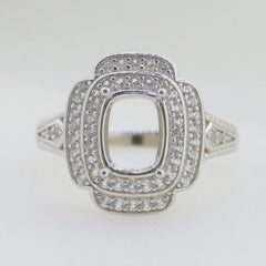 Sterling Silver Semi Mount Ring Setting with Halo of D Color Moissanite for 8x6mm Cushion Gemstone.