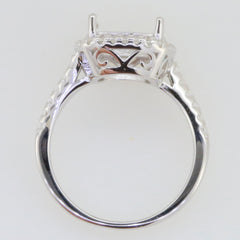Sterling silver semi mount ring setting, featuring intricate detailing, designed for cushion gemstones 12x10mm.
