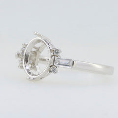 Sterling Silver Semi Mount Ring Setting with Oval 10x8mm and Baguette Accent, featuring White Topaz gemstones.