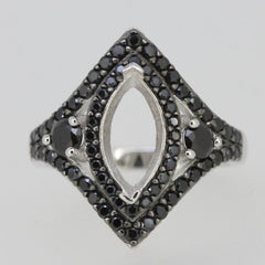 Sterling silver semi mount ring setting with black stones, designed for 12x6mm marquise gems, custom made to order.