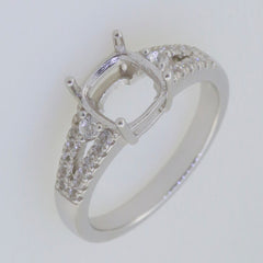 Sterling Silver semi mount ring setting with cushion cut and white topaz accents, designed for a 7x7mm gemstone.