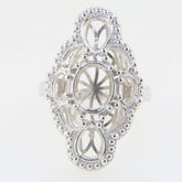 Sterling silver semi mount ring setting featuring intricate design for oval gemstones, customizable and made to order.