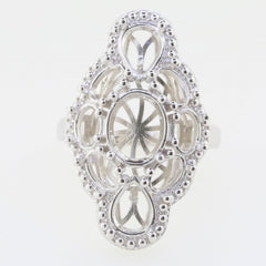 Sterling silver semi mount ring setting featuring intricate design for oval gemstones, customizable and made to order.