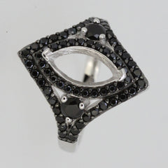Sterling silver semi mount ring setting with black stones, designed for a marquise gemstone, stylish and customizable.