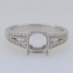 Sterling Silver Semi Mount Ring Setting with Cushion 7x7mm white topaz accent and split shank design.