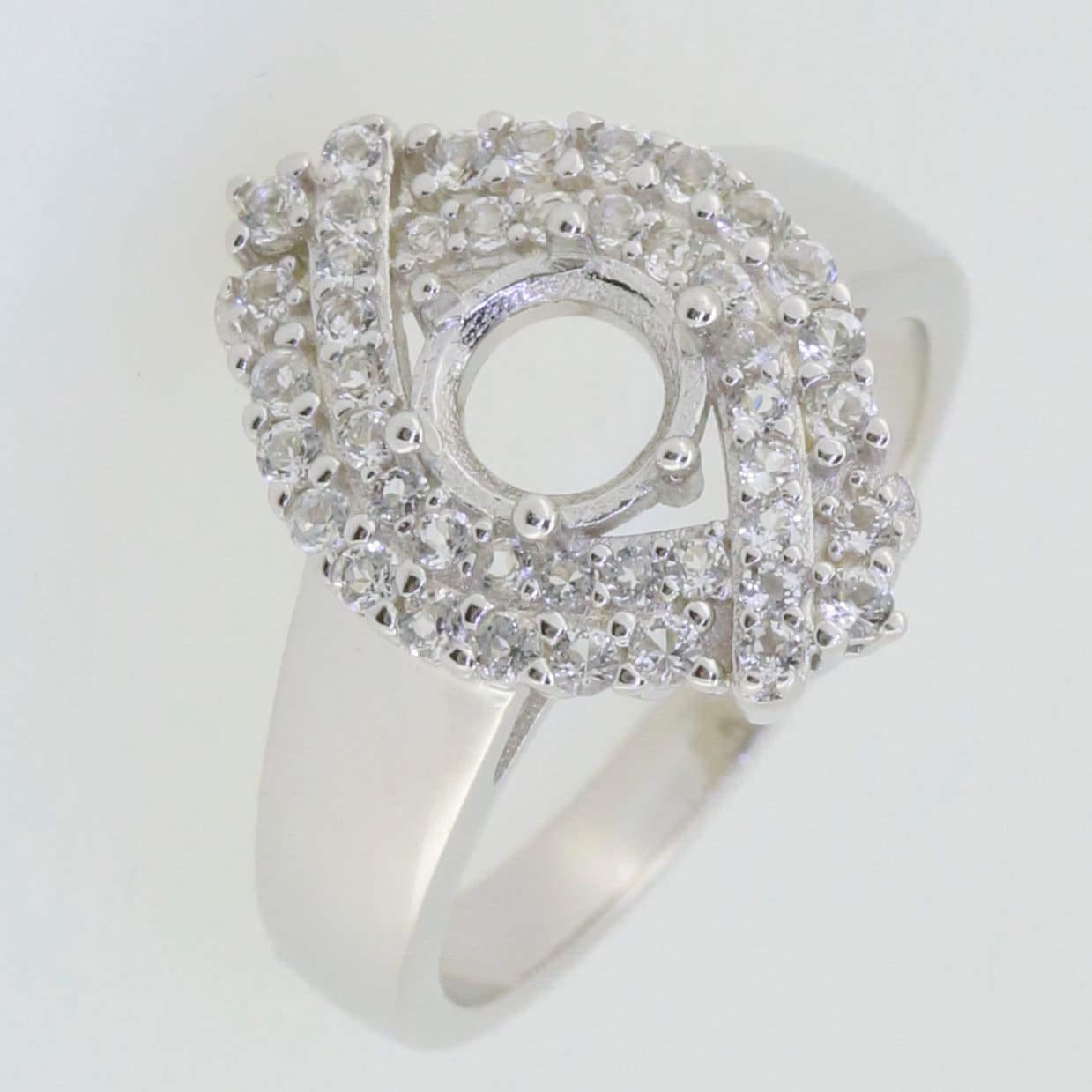 Sterling Silver Semi Mount Ring Setting with CrissCross Double Halo for 6x6mm gemstone, elegant and customizable.