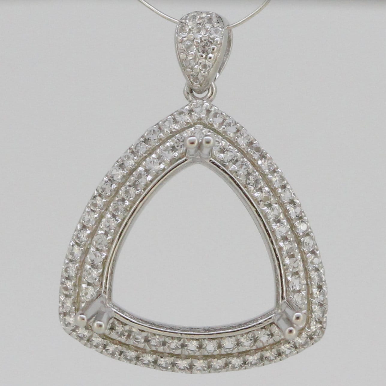 Sterling silver semi mount pendant setting with double halo design and white topaz gemstones, 15x15mm.