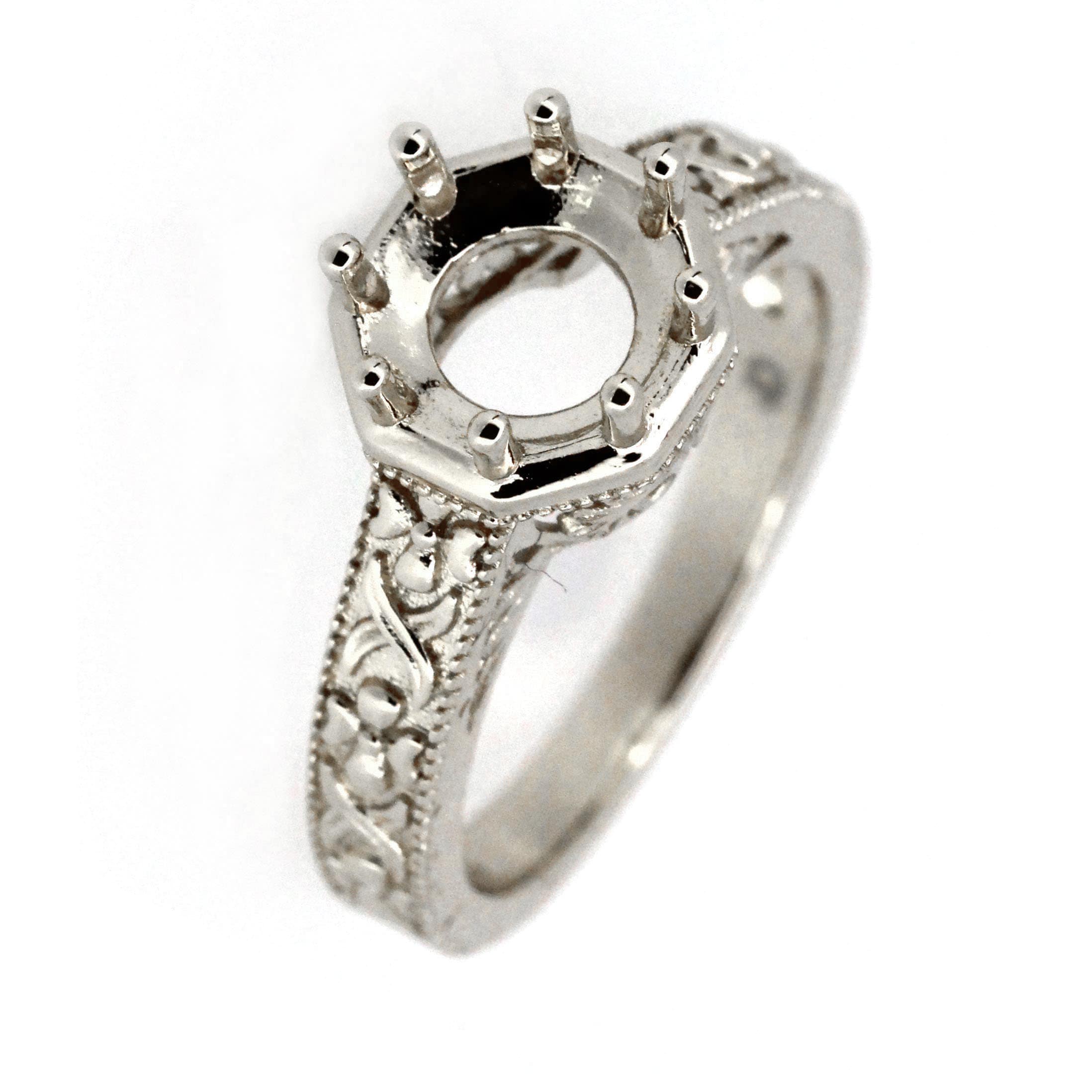 Sterling Silver Art Deco Semi Mount Ring Setting featuring ornate detailing and space for an 8x8mm gemstone.