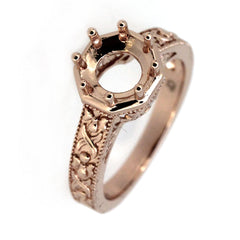 Sterling Silver Semi Mount Ring Setting with intricate Art Deco style design for 8x8mm round gemstone.