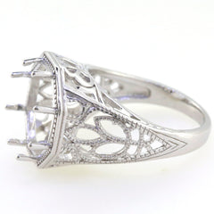 Sterling Silver Semi Mount Ring Setting with Art Deco design, designed for round gemstone, intricate filigree details.