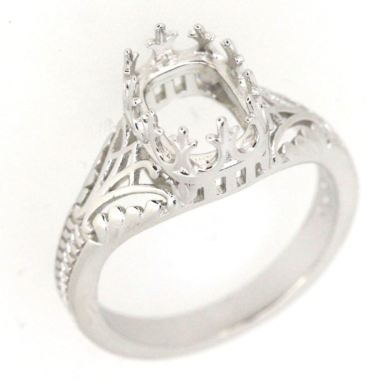 Sterling silver semi mount ring setting in Art Deco style, designed for cushion cut stones 9x7mm, made to order.
