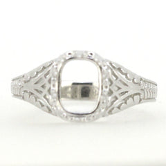 Sterling silver semi mount ring setting in Art Deco style with cushion-shaped setting for 9x7mm stone.