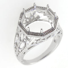 Sterling silver semi mount ring setting with Art Deco design, featuring an octagonal gemstone holder.