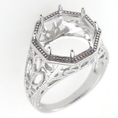 Sterling silver semi mount ring setting in Art Deco style with intricate design, empty for gemstone placement.