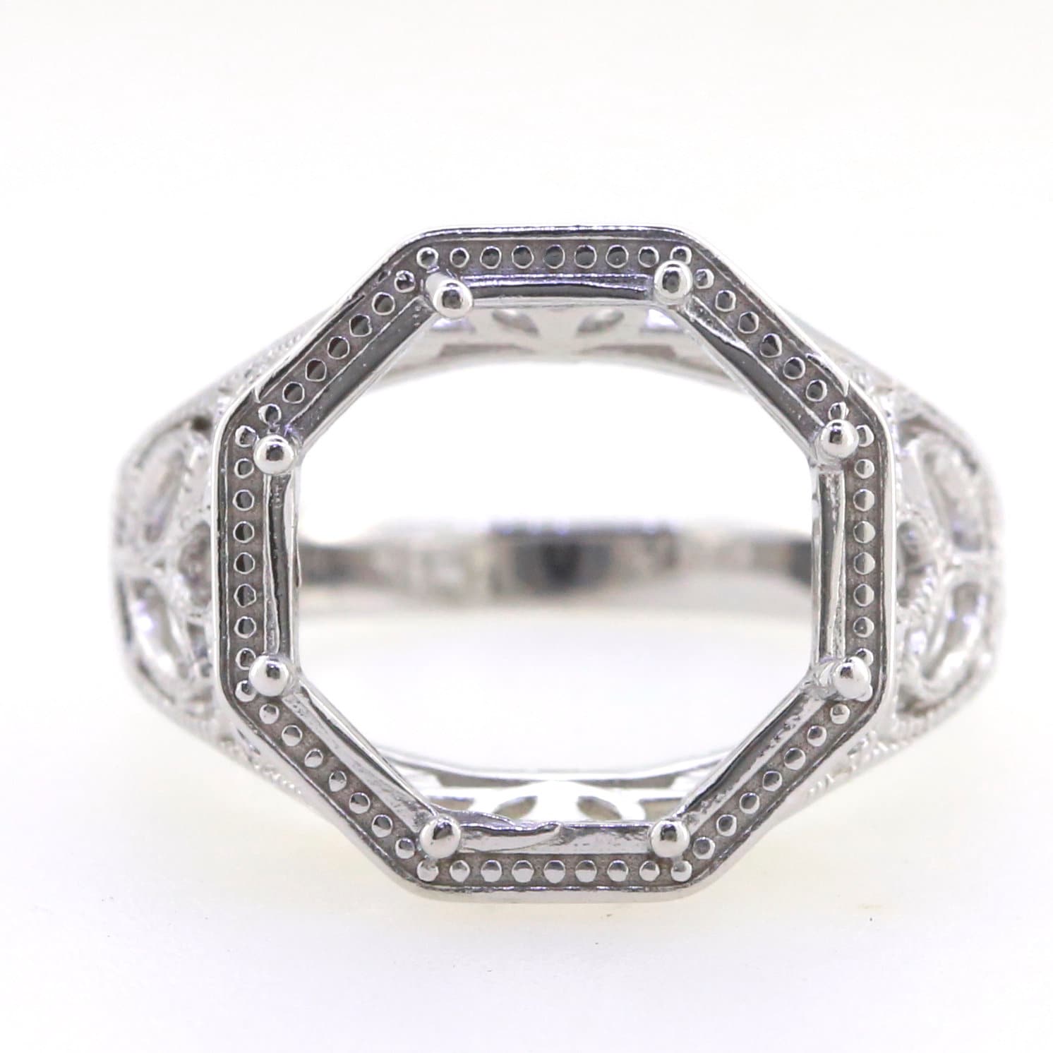 Sterling silver semi mount ring setting in Art Deco style, featuring an octagonal design and intricate detailing.