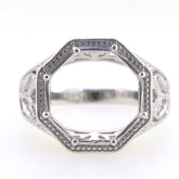 Sterling Silver Semi Mount Ring Setting in Art Deco Style, Octagonal design for 10x10mm gemstone.