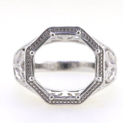Sterling silver semi mount ring setting in Art Deco style, featuring an octagonal design and intricate detailing.