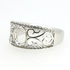Sterling silver semi mount ring setting with filigree design, featuring an oval 8x6mm stone placeholder and topaz accents.