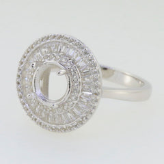 Sterling Silver semi mount ring setting with round 8x8mm stone and baguette triple halo design.