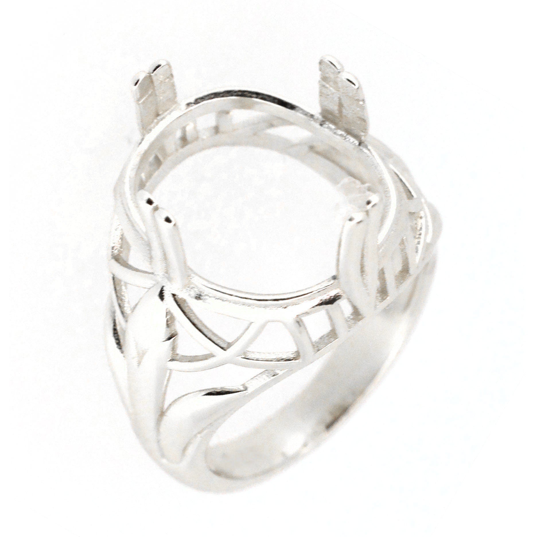 Sterling silver semi mount ring setting in Art Deco style, designed for an oval gemstone 18x13mm.