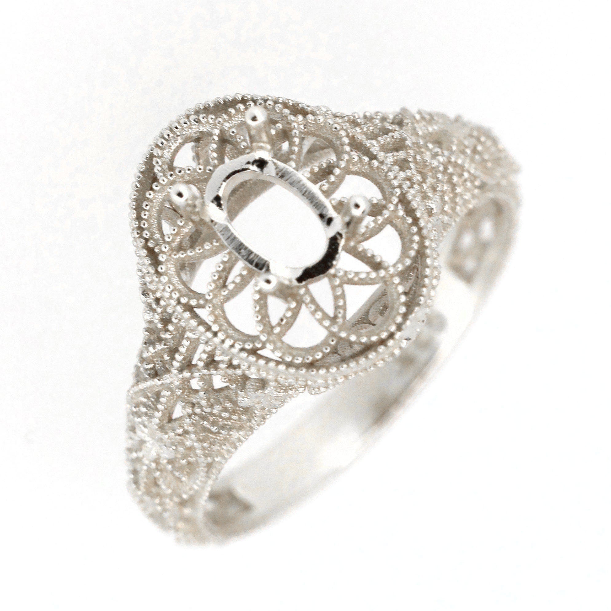 Sterling Silver Art Deco Semi Mount Ring Setting with oval 6x4mm gemstone placeholder