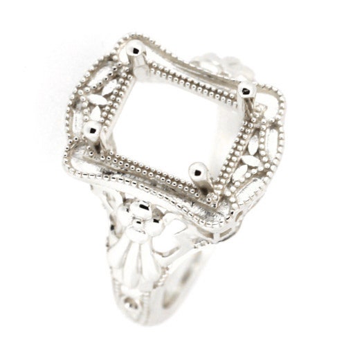 Sterling Silver Art Deco Semi Mount Ring Setting, ready for an Emerald gemstone, intricate design.