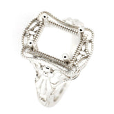 Sterling Silver Art Deco Semi Mount Ring Setting, ready for an Emerald gemstone, intricate design.