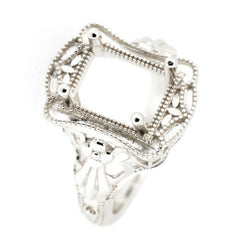 Sterling Silver Art Deco Semi Mount Ring Setting, ready for an Emerald gemstone, intricate design.