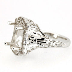 Sterling Silver Semi Mount Ring Setting for 10x8mm Emerald in Art Deco Style, handcrafted and customizable.