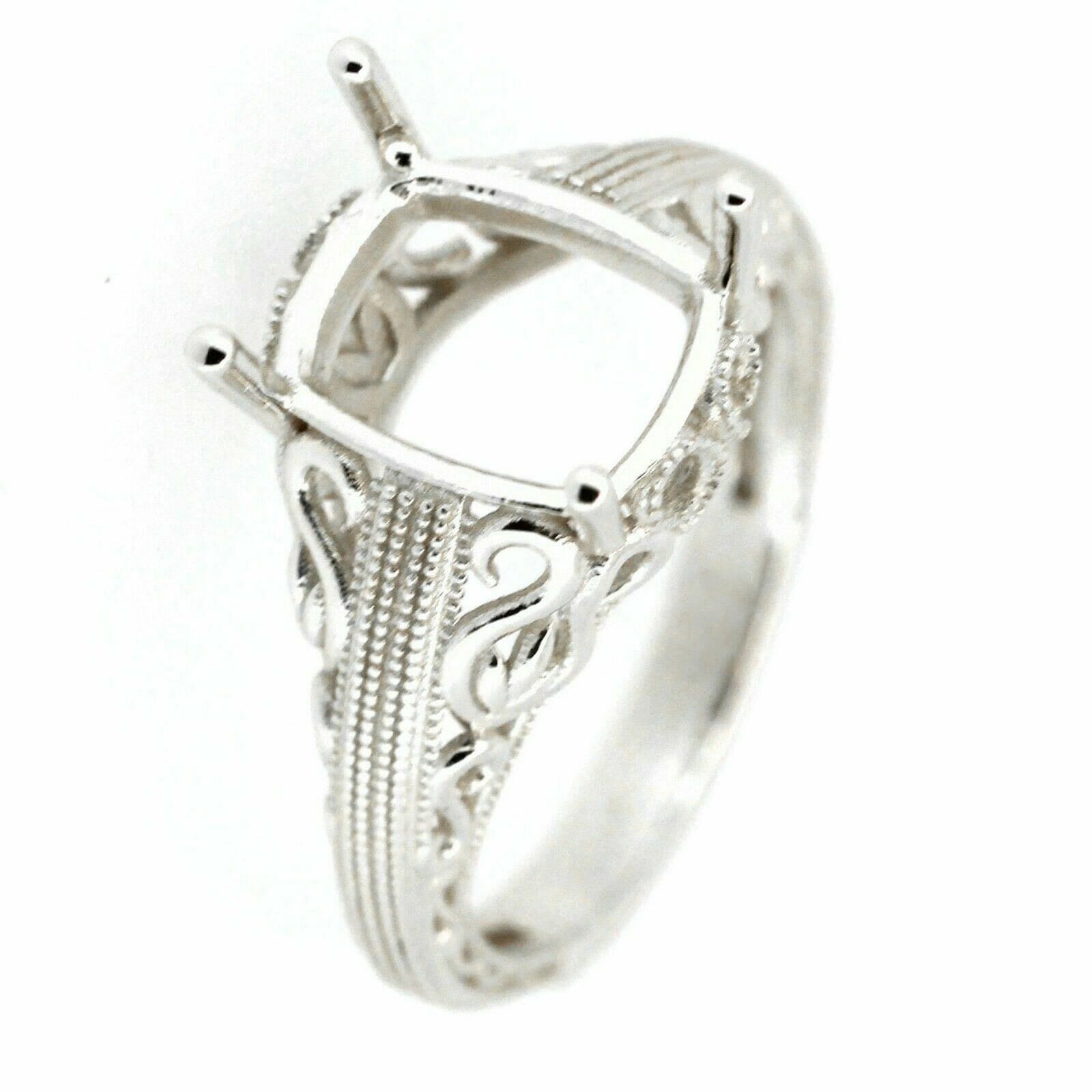 Sterling silver semi mount ring setting with cushion shape, intricate Art Deco design, suitable for custom gemstone mounting.