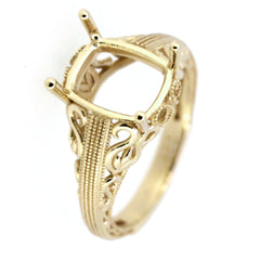 Sterling silver semi mount ring setting with detailed Art Deco style design, designed for a cushion cut gemstone.