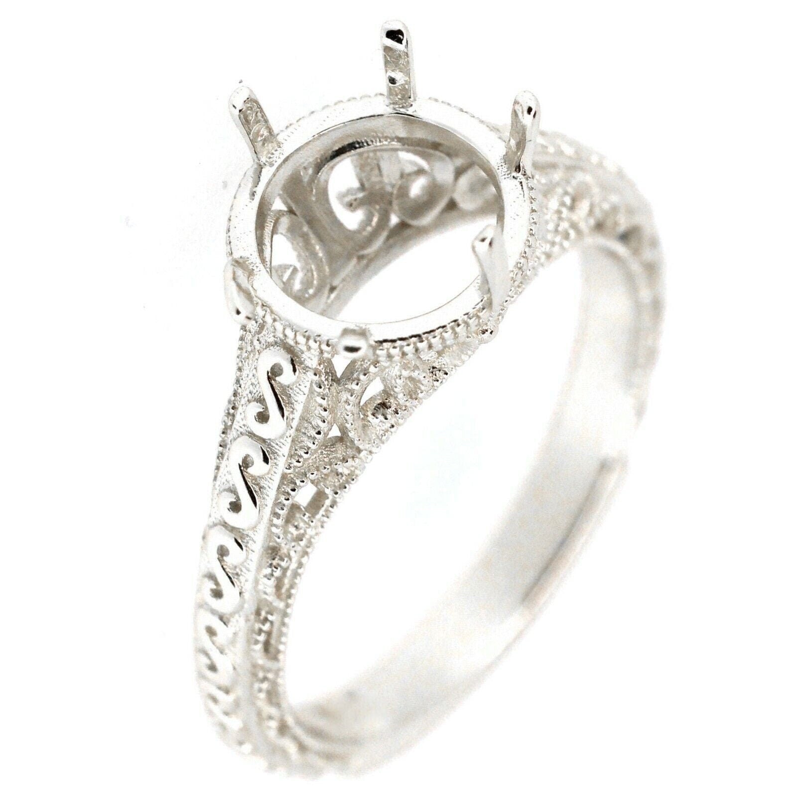 Sterling Silver Art Deco Semi Mount Ring Setting for 8x8mm Round Gemstone, elegant design, custom made to order.