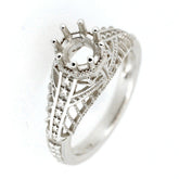 Sterling Silver Semi Mount Ring Setting in Art Deco Style with round RD 6x6mm gemstone holder, intricate design.