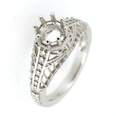 Sterling Silver Semi Mount Ring Setting in Art Deco Style with round RD 6x6mm gemstone holder, intricate design.