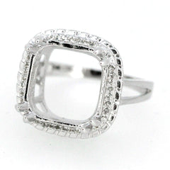 Sterling Silver semi mount ring setting with square halo for 14x14mm emerald and white topaz accents.