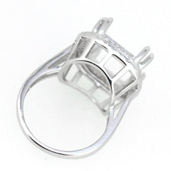 Sterling silver semi mount ring setting with square halo for emerald and white topaz accent.