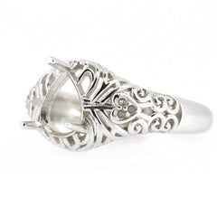 Sterling silver semi mount ring setting with intricate Art Deco design and space for pear-shaped 7x5mm gem.