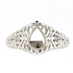 Sterling silver semi mount ring setting with intricate Art Deco design for a 7x5mm pear-shaped gem.