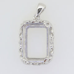 Custom sterling silver semi mount earring setting with floral art nouveau design, showcasing an empty rectangular frame.