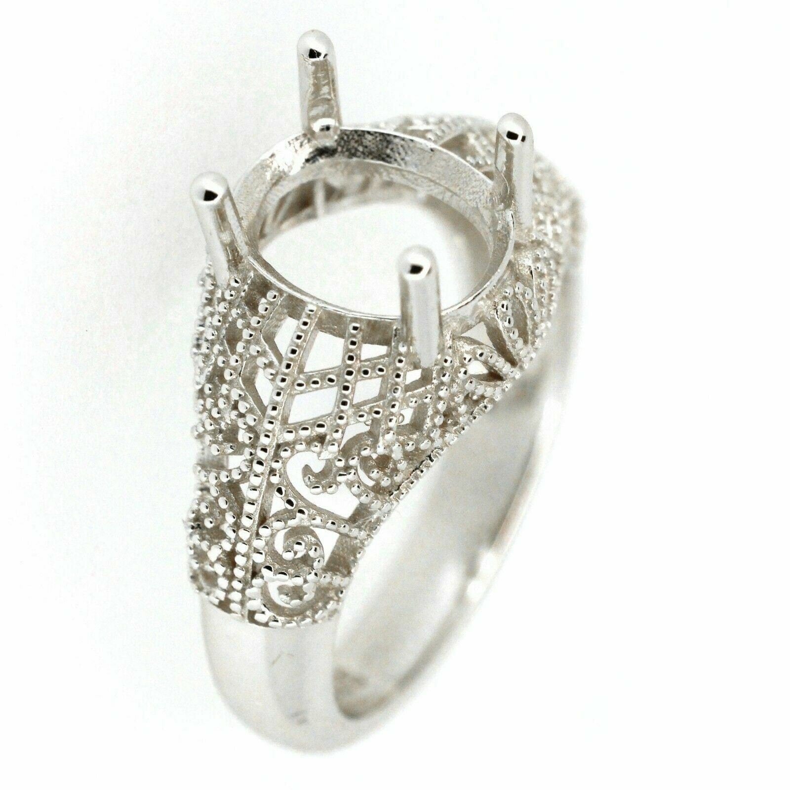 Sterling Silver Semi Mount Ring Setting with Art Deco design for 10x8mm oval gemstone, made to order.