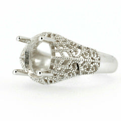 Sterling silver semi mount ring setting in Art Deco style, designed for 10x8mm oval stone, handcrafted and customizable.